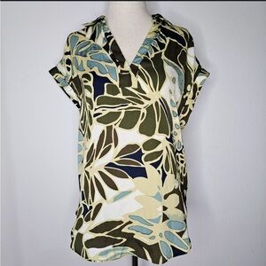 Cupcakes & Cashmere Floral Hawaiian Collar V-Neck Short Sleeve Blouse Top Large